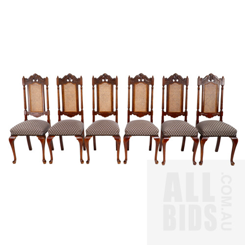 Six Tudor Style High Back Dining Chairs with Woven Cane Backs - new upholstery, Mid to Late 20th Century