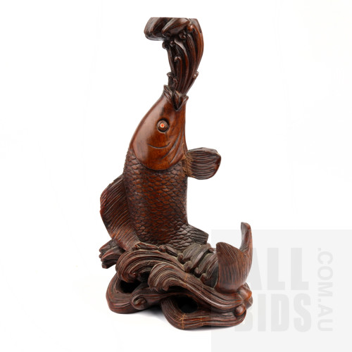 Chinese Carved Hardwood Lamp Base with Inlaid Eyes, Early to Mid 20th Century
