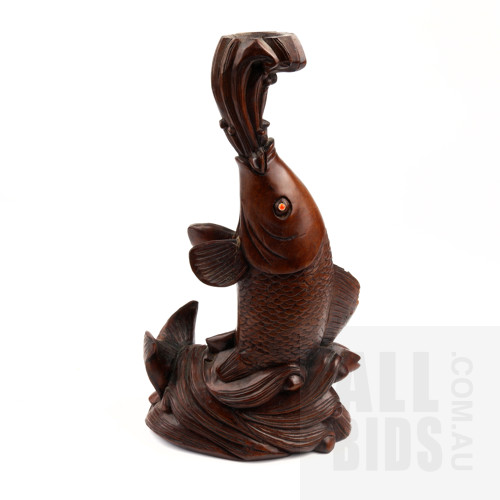 Chinese Carved Hardwood Lamp Base with Inlaid Eyes, Early to Mid 20th Century
