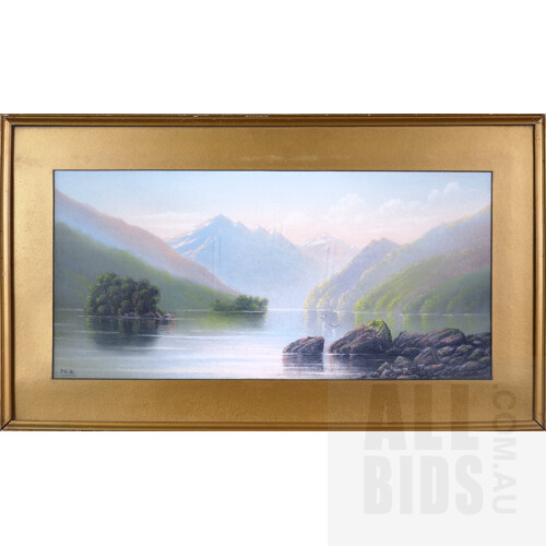 Late 19th Century Mountainous Lake Scene, Probably New Zealand, Pastel and Gouache on Card, Signed F.G.B.