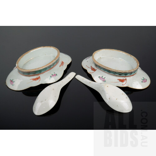 Pair of Antique Chinese Famille Rose Lobed Footed Dishes, Late Qing