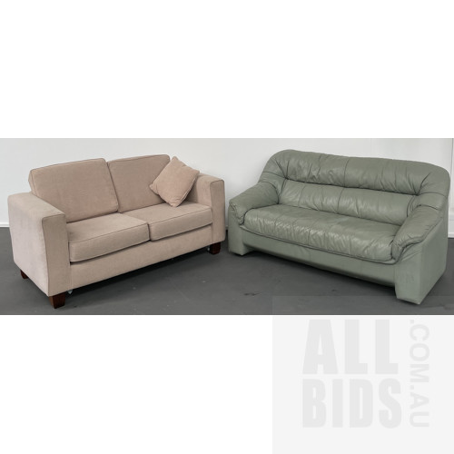 Astley 2 Seat Olive Green Leather Lounge And 2 Seat Beige Fabric Lounge