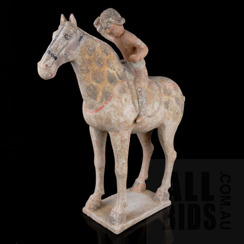 Han/Tang Dynasty Style Pottery and Ochre Decorated Horse and Rider, 20th Century, Height 49.5cm