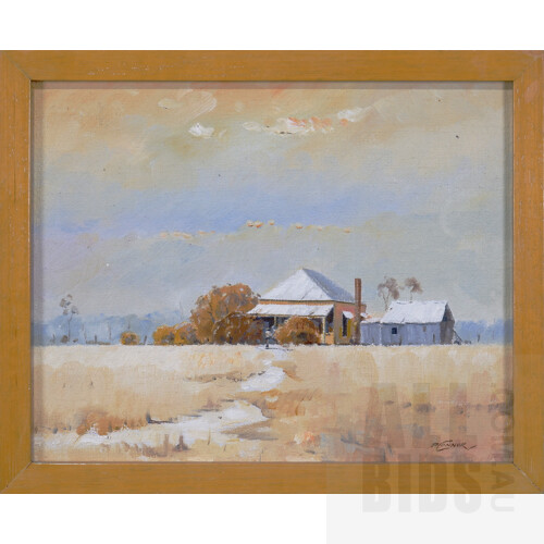 P. Connor, (late 20th Century, Australian), Untitled, (Cottage and Shed), Oil on Canvas on Board, 19.5 x 24.5 cm 