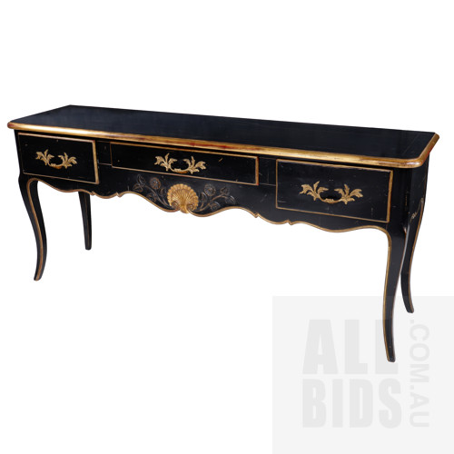 Beautiful Antique Style Japanned and 'Gilded' Servery Table with Carved Central Shell and Foliate Sprays and Cast Metal Handles, in the French Style, Modern