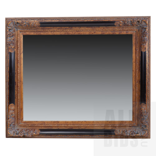 Large Decorative Bevelled-Edge Mirror with Floral Motif Corner Molding, 84 x 99 cm (overall)