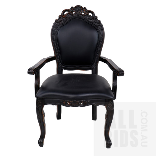 Antique Style Black Carved and Japanned Hardwood Armchair with Black Leather Upholstery, Modern