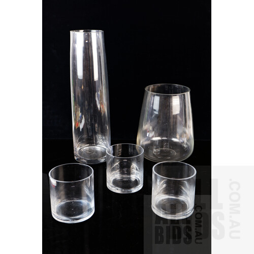 Two Large Glass Vases for Flower Arrangements and Three Smaller Glass Vessels, Tallest 49.5cm, (5)