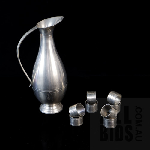 Selangor Pewter Pitcher and Six Serviette Rings