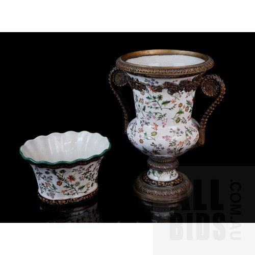 Classical Style Porcelain Urn with Cast Brass Mounts, and a Similar Bowl, Tallest 32cm