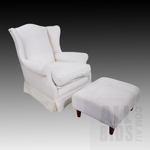 Contemporary Ivory Tone Fabric Upholstered Wingback Armchair and Matching Ottoman