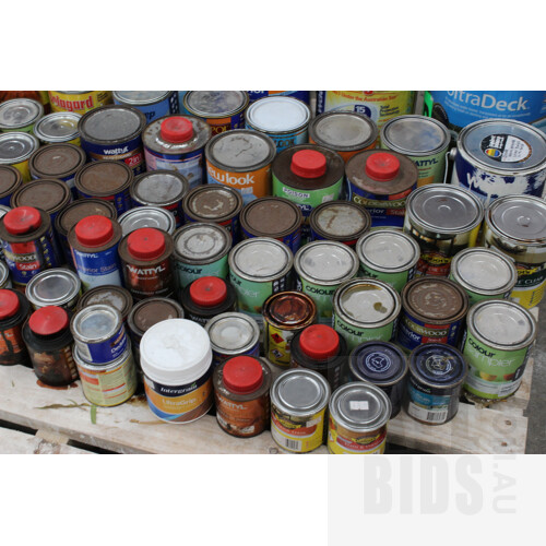 Selection of Interior/Exterior Paint, Deck Oil, Stains, Varnish, Bases, Primer, and Thinners - 80 Containers