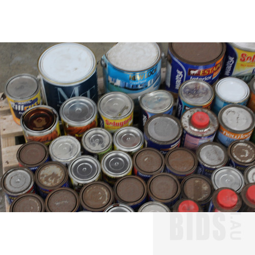 Selection of Interior/Exterior Paint, Deck Oil, Stains, Varnish, Bases, Primer, and Thinners - 80 Containers