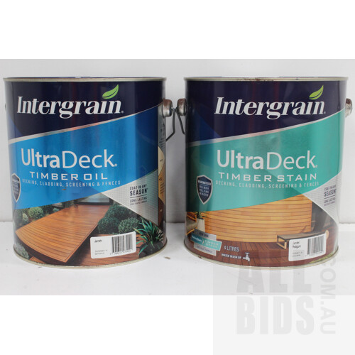 Intergrain UltraDeck Exterior Timber Oil - Jarrah and Jarrah/Redgum - 4 Litre Tin - Lot of Two - New - ORP $232.00