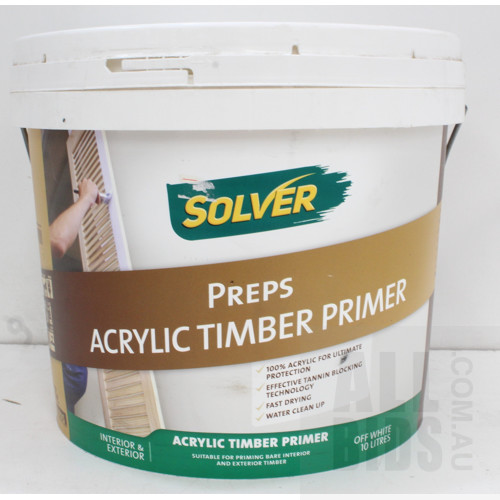 Solver Preps Acrylic Timber Interior/Exterior Primer - 10 Litres - Off White - New - ORP $180.00