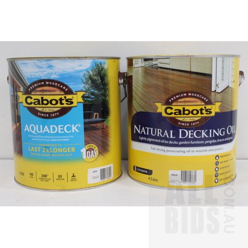 Cabot's Exterior Decking Oil - 4 Litres - Lot of Two Tins - New - ORP $240.00