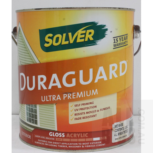 Solver Duraguard Ultra Premium Exterior Gloss Acrylic Base Paint - 4 Litres - Mid Base - New - ORP $90.00