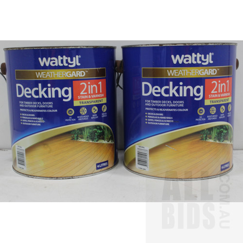 Wattyl Weathergard Decking Stain and Varnish - Natural Finish - 4 Litre Tins - Lot of Two - New - ORP $220.00