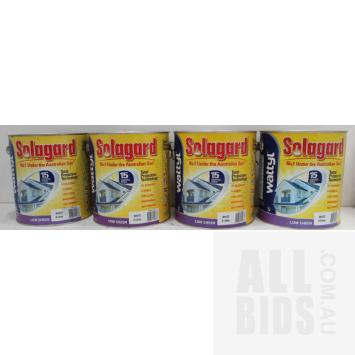 Wattyl Solagard Exterior Low Sheen Paint - White - 4 Litre Tins - Lot of Four - New - ORP $360.00