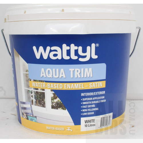 Wattyl Aqua Trim Interior/Exterior Water Based Enamel - Satin - White - 10 Litres - New - ORP $210.00