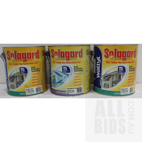 Wattyl Solagard Exterior Satin and Low Sheen Paint - Magenta Base - 4 Litre Tins - Lot of Three - New - ORP $270.00