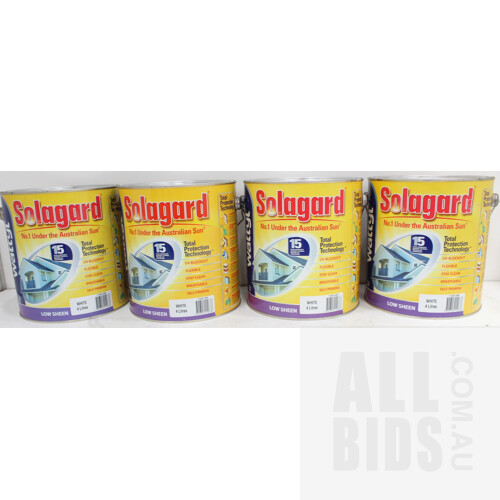 Wattyl Solagard Exterior Low Sheen Paint - White - 4 Litre Tins - Lot of Four - New - ORP $360.00