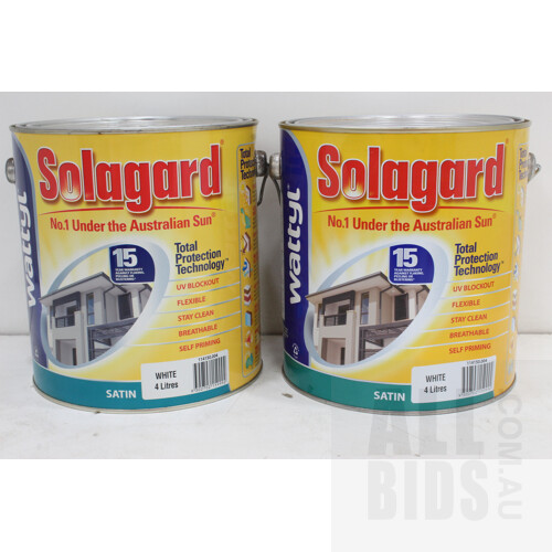 Wattyl Solagard Exterior Satin Paint - White - 4 Litre Tins - Lot of Two - New - ORP $180.00