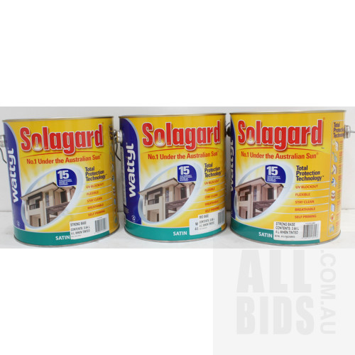 Wattyl Solagard Exterior Satin Paint - Strong and Mid Base - 4 Litre Tins - Lot of Three - New - ORP $270.00