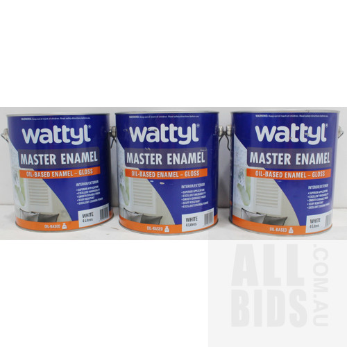 Wattyl Master Enamel Interior/Exterior Oil Based Gloss Enamel  - White - 4 Litre Tins - Lot of Three - New - ORP $240.00