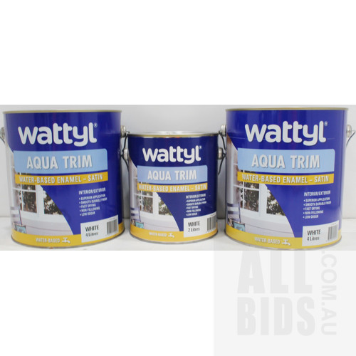 Wattyl Aqua Trim Interior/Exterior Water Based Satin Enamel - White - 4 Litres  and 2 Litres - Lot of Three - New - ORP $250.00