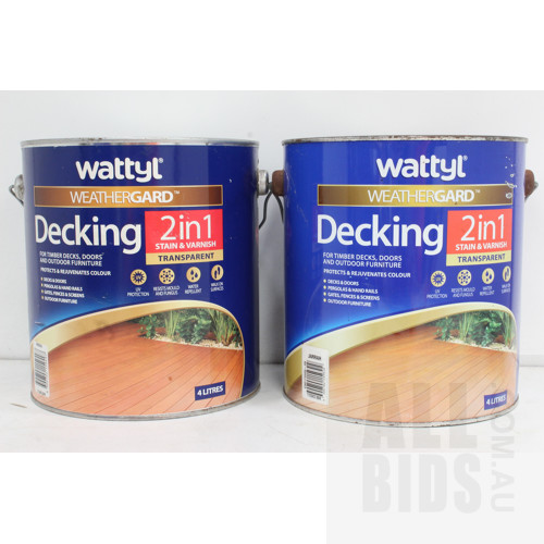 Wattyl Weathergard Decking Stain and Varnish - Jarrah and Merbau - 4 Litre Tins - Lot of Two - New - ORP $220.00