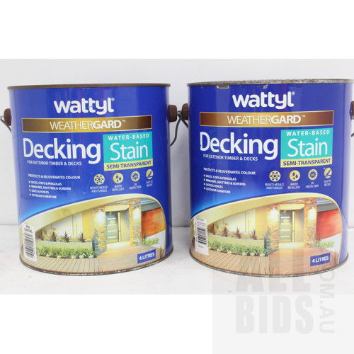 Wattyl Weathergard Semi Transparent Decking Stain - Golden Cedar and New Charcoal - 4 Litre Tins - Lot of Two - New - ORP $220.00