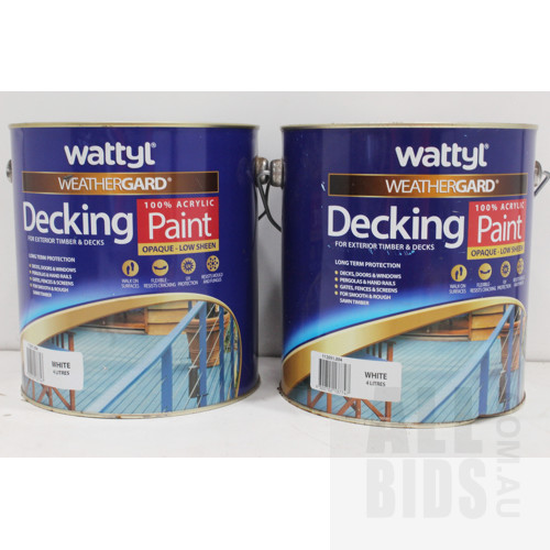 Wattyl Weathergard Exterior Acrylic Timber and Decking Paint - White - 4 Litre Tins - Lot of Two - New - ORP $220.00