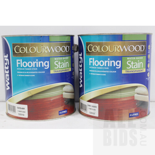 Wattyl Colourwood Flooring Interior Timber Stain - Dark Cherry and Cedar - 4 Litre Tins - Lot of Two - New - ORP $220.00