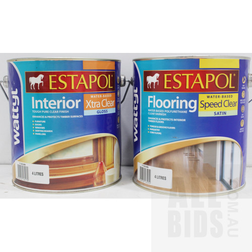 Wattyl Estapol Speed and Xtra Clear Indoor Flooring Varnish  - 4 Litre Tins - Lot of Two - New - ORP $280.00