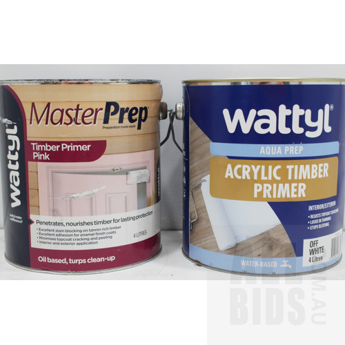 Wattyl Aqua Prep and Master Prep  Interior/Exterior Primer - White and Pink  - 4 Litre Tins - Lot of Two - New - ORP $180.00