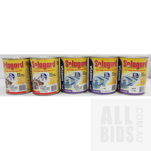Wattyl Solagard Exterior Low Sheen and Gloss Paints/Bases - 1 Litre Tins - Lot of Five ORP $250.00