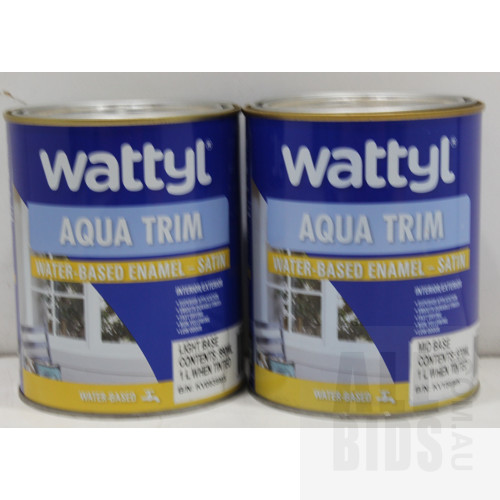 Wattyl Aqua Trim Interior/Exterior Water Based Satin Enamel - Mid and Light Base - 1 Litres Tins - Lot of Two - New - ORP $130.00