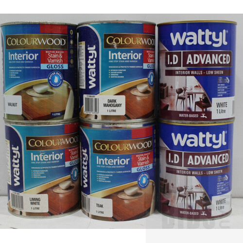 Wattyl Colourwood Interior Flooring Stain/Varnish and I.D Advanced Interior Wall Paint - 1 Litre Tins - Lot of Six- New - ORP $280.00