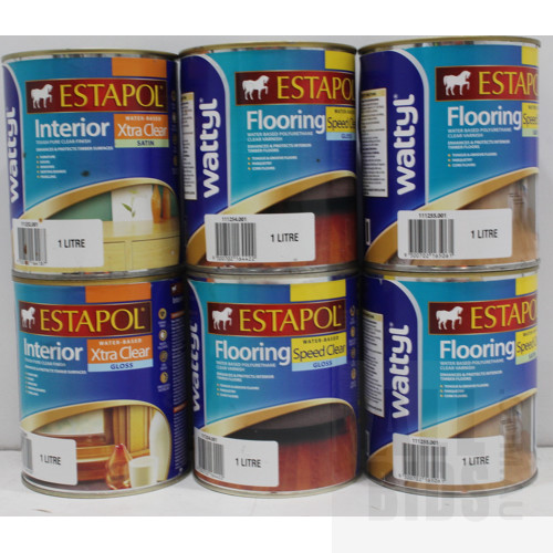 Wattyl Estapol Water Based Interior Flooring and Timber Varnish - 1 Litre Tins - Lot of Six- New - ORP $300.00