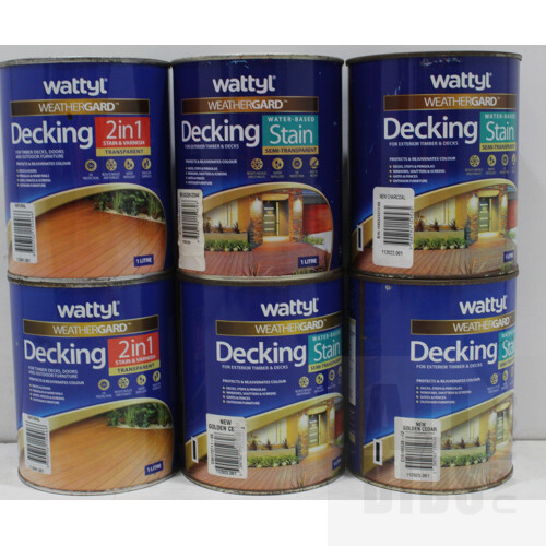 Wattyl Weathergard Exterior Decking Stains/Varnish - 1 Litre Tins - Lot of Six- New - ORP $300.00