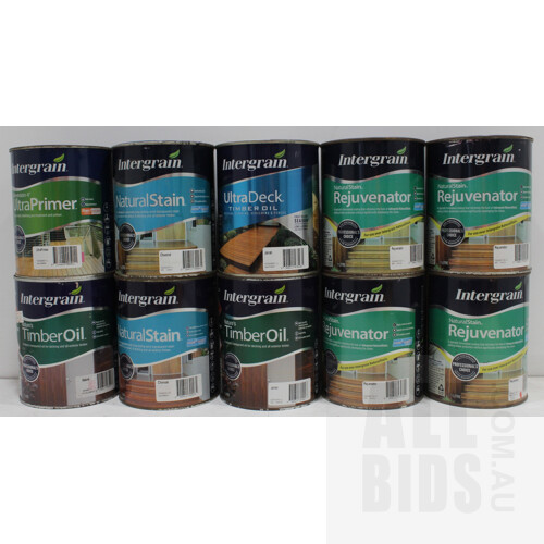 Intergrain Exterior Timber and Deck Stains, Oils and Primer - 1 Litre Tins - Lot of 10 - New - ORP $500.00