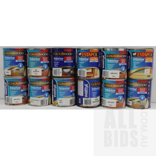 Wattyl Colourwood and Estapol Interior Timber Stains/Varnish  - 500ml Tins - Lot of 12 - ORP $300.00