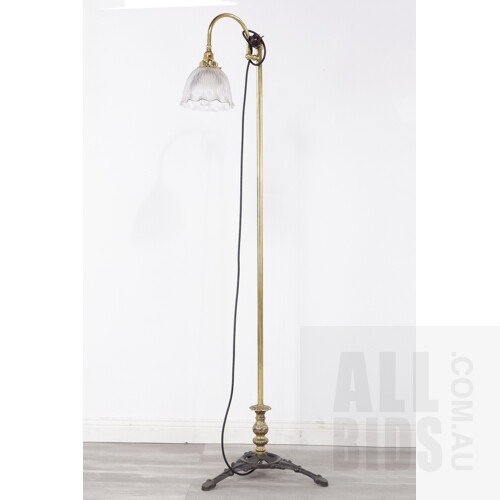 Brass Electric Standard Lamp with Futed Glass Shade