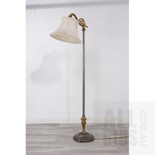 Vintage Brass and Cast Iron Electric Standard Lamp with Fabric Shade