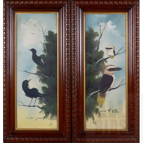 Pair of Traditional Kookaburra and Magpie Oil Paintings on Board by Rilto 1923