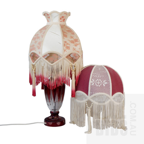 Wonderful Vintage Bohemian Ruby Overlaid and Cut Glass Table Lamp with a Later Tassled Shade