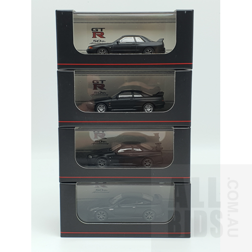 Kyosho Nissan Skyline GT-R R32, R33, R34, R35 Satin Black 4x Car 50th Anniversary Set 1:64 Scale Model Cars