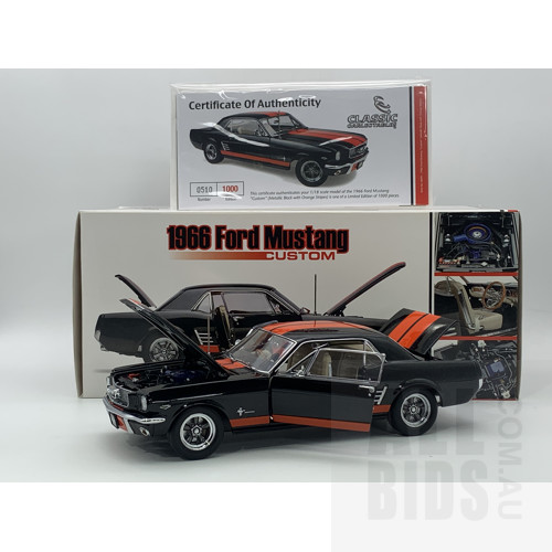 Classic Carlectables 1966 Ford Mustang Custom Metallic Black With Orange Stripes 510/1000 1:18 Scale Model Car