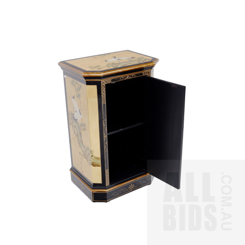 Oriental Gold and Polychrome Lacquer Side Cabinet Decorated with Egrets and Pine, Modern